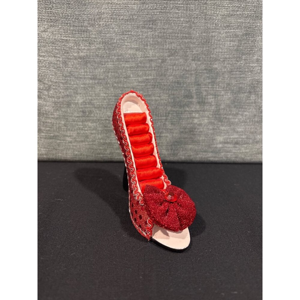 Red Glitter High Heel Ring Holder Jewelry Display With Bow & Gem Accent